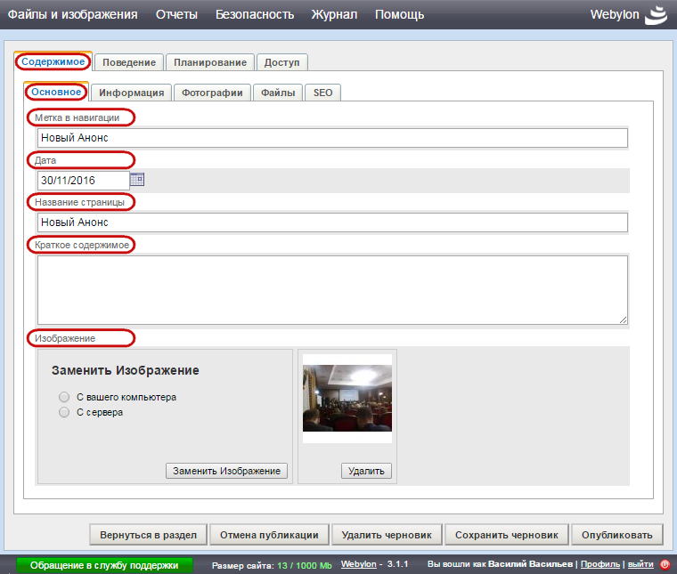 Заполнение полей анонса